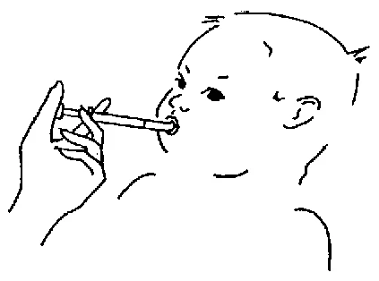 Illustration showing a hand holding a syringe administering medication directly into a child's mouth in profile view