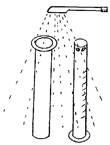 Black tube spraying fine droplets of liquid onto two vertical cylinders, one smooth and one textured, depicted as a medical schematic