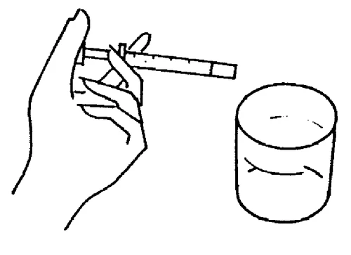 Drawing showing a hand holding a syringe directed towards an open, cylindrical container or vessel with liquid