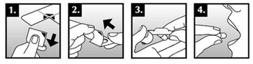 Four instructional diagrams showing the process of breaking the seal, removing the device, opening it, and preparing for use