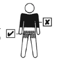 Schematic human figure with marked areas: black torso with an X symbol indicating prohibition and patterned thighs with a checkmark symbol indicating consent
