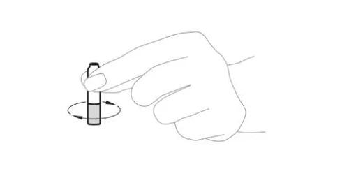 Una mano che tiene verticalmente una fiala con liquido, con due frecce curve visibili intorno ad essa che suggeriscono un movimento rotatorio del contenuto