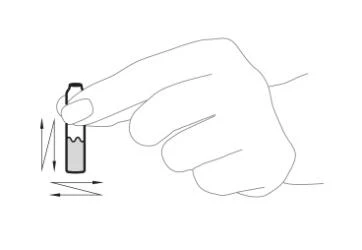 Una mano che tiene verticalmente una piccola fiala con liquido, accanto alla quale sono presenti frecce che indicano movimenti su-giù e sinistra-destra