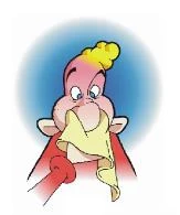 A pink figure with yellow hair holding a white tissue in its mouth and hands, suggesting a runny nose or the need to wipe the nose