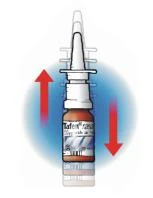 A white atomizer with a brown medicine bottle, surrounded by a blue glow with two red arrows indicating up and down movement
