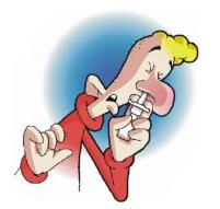 A caricatured male figure in a red sweater with closed eyes, holding a small syringe to his mouth and taking medication from it