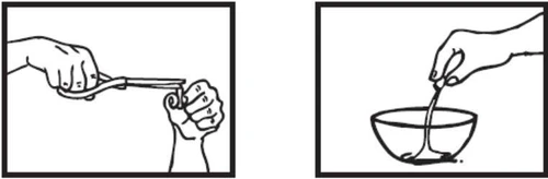Left hand holding forceps, and right hand pulling out a thin thread of medication from a bowl to prepare a medical dose