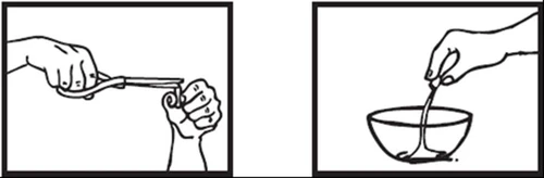 Two black-and-white drawings depicting hands: the left shows squeezing a tube, the right holding a stream of substance over a bowl