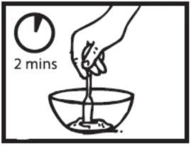 Hand holding a small container immersed in a bowl of liquid, next to a clock icon indicating a waiting time of 2 minutes