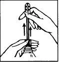 Two hands holding a pen or applicator, with the upper hand moving the device upward, indicated by two black arrows pointing upwards