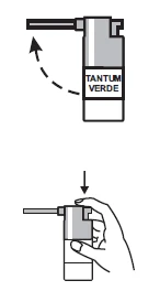 Diagram showing the method of using Tantum Verde spray, with a hand holding the bottle and an arrow indicating the rotational movement of the dispenser
