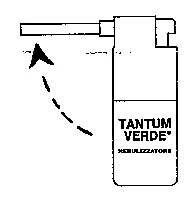 Icono negro en trazo que representa un frasco del medicamento Tantum Verde con una flecha discontinua que indica el movimiento hacia arriba para extraer la boquilla