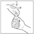 Hand holding a medication bottle while the other hand places the cap and performs a twisting motion indicated by arrows 1 and 2