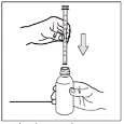 Hand holding a syringe pushing the plunger downward toward a bottle held by the other hand, with the direction of movement indicated by an arrow