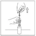 Right hand holding a syringe lifting it vertically upward after drawing liquid from a small vial held in the left hand