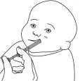 Black-and-white drawing depicting an infant holding and putting into its mouth a long, thin object resembling a medication or tube