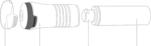 Dibujo esquemático de un dispositivo médico de la marca Ferring desplegado, compuesto por una tapa, cabezal, cuerpo y un largo recipiente para el medicamento