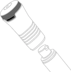 Dibujo esquemático de un dispositivo médico blanco con forma de inyector cilíndrico, con cuerpo ancho acanalado y punta oscura