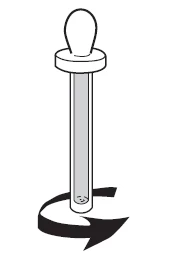 Pipeta transparente con perilla de goma en la parte superior, rodeada por una flecha negra curva que indica rotación alrededor de la base del dispositivo