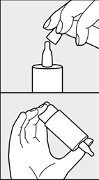 Ilustración que muestra dos fases: una mano enroscando una tapa en un frasco y otra mano sosteniendo el frasco desenroscado con una pipeta dirigida hacia abajo