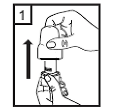 Hand with fingers gripping a cap being lifted upwards, indicated by a black upward-pointing arrow next to the number 1
