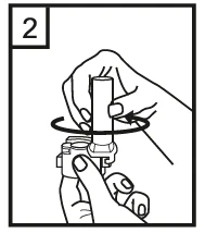 Two hands holding a white cylinder, rotating the lower part of the device in the direction indicated by a black leftward arrow