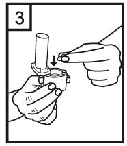 Hands holding a medical device, one hand stabilizing the base while the other presses with a finger on the upper part of the component indicated by the arrow