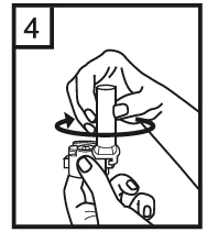 Two hands holding and rotating a cylindrical part of the medical device, indicating rotational movement shown by a curved arrow