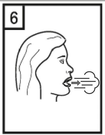 Profile of a woman with open mouth, from which a stream of air emerges depicted by lines and a cloud-like shape, number 6 in the corner