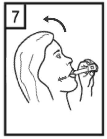Drawing of a head in profile, a person holding a small medical device in their mouth, with two arrows indicating the direction of movement of the head and the device