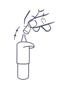 Hand holding a vial of medication being brought toward the top part of the device at an angle, indicated by a directional arrow