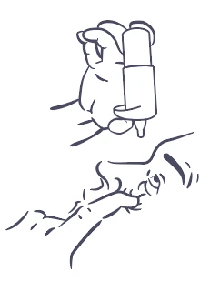 Illustration showing a hand holding an applicator brought close to the patient's nose for intranasal drug administration