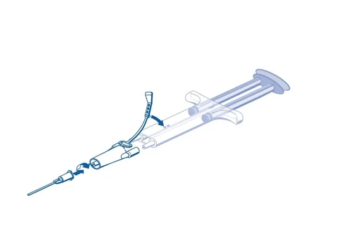 Schematic drawing showing disassembled syringe components including needle, tip, and plunger with guide on a white background