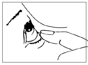 Close-up of a human eye, with a finger gently pulling the lower eyelid downward to expose the conjunctiva and the lower part of the eye