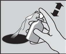 Hand holding a bottle with a pump, dispensing liquid into a dark bowl, with a bidirectional arrow indicating up-down motion visible next to it