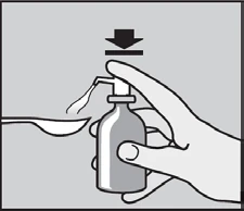 Hand pressing with a finger on the bottle's pump, releasing liquid directly into a spoon located next to the container