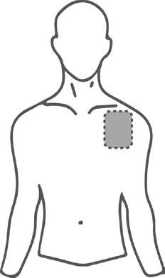 Silueta masculina con un área rectangular gris marcada en el hombro izquierdo, indicando el lugar de aplicación del medicamento
