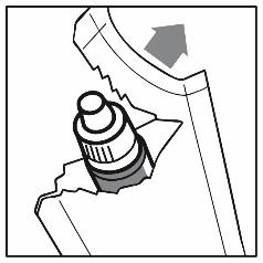 Ilustración esquemática que muestra la extracción del dispensador del embalaje, indicando con una flecha la dirección de extracción del elemento desde el interior del estuche de cartón
