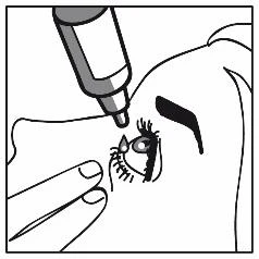 Dibujo que muestra un primer plano del rostro de una persona con el ojo abierto y, junto a él, un aplicador del medicamento en forma de tubo