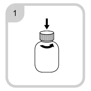 Schematic instruction step 1 showing a vial with a cap, with a downward-pointing arrow and a rotational arrow above it