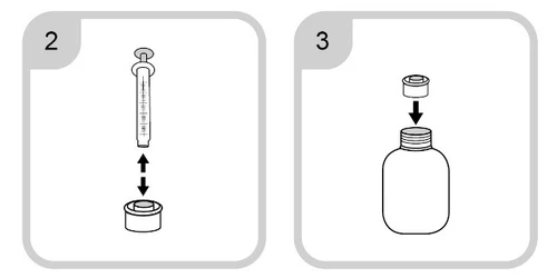 Instruction diagram: step 2 shows a syringe above the cap with a double-headed arrow, step 3 shows the cap being screwed onto the vial with a black downward-pointing arrow
