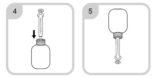 Instruction diagram: step 4 shows inserting the syringe into the vial, and step 5 shows the vial turned upside down with the syringe inside
