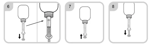 Medical instruction diagram in three steps showing attaching the syringe to the vial, moving the plunger up and down to draw the medication