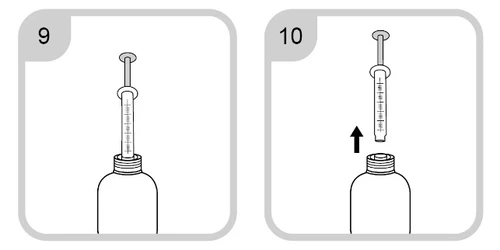 Diagram number 9 shows a syringe with plunger inserted into a bottle, and diagram 10 shows removing the syringe from the bottle indicated by a black arrow