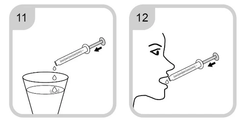 Instruction diagram: step 11 shows squeezing drops of liquid from a dropper into a glass, step 12 shows administering medication from the dropper into the patient's mouth