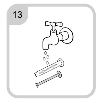 Black-and-white instruction showing a tap with dripping water filling a measuring cup, with a long, thin tube or rod lying beside it