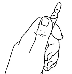 Close-up of a hand holding an index finger vertically, depicted as a black outline on a white background