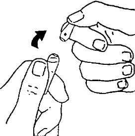Two hands holding a small medical device, a black arrow indicates rotational movement between the upper and lower parts of the object