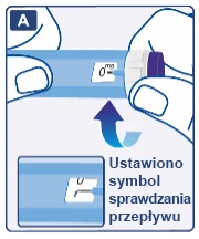 Hands holding a blue insulin pen, arrow indicating rotation of the knob to set the medication flow check symbol