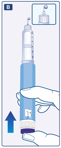 Hand holding a blue injector displaying the digits 79, with a syringe showing a visible drop of medication at the needle tip and an upward-pointing arrow